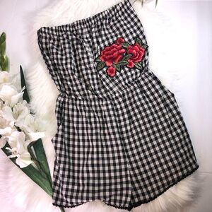 Everly Rose Embroidered Black‎ Checkered Romper